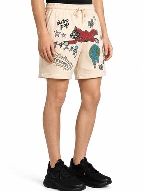 Icecream Beige Graphic Astro Pop Drawstring Athletic Shorts